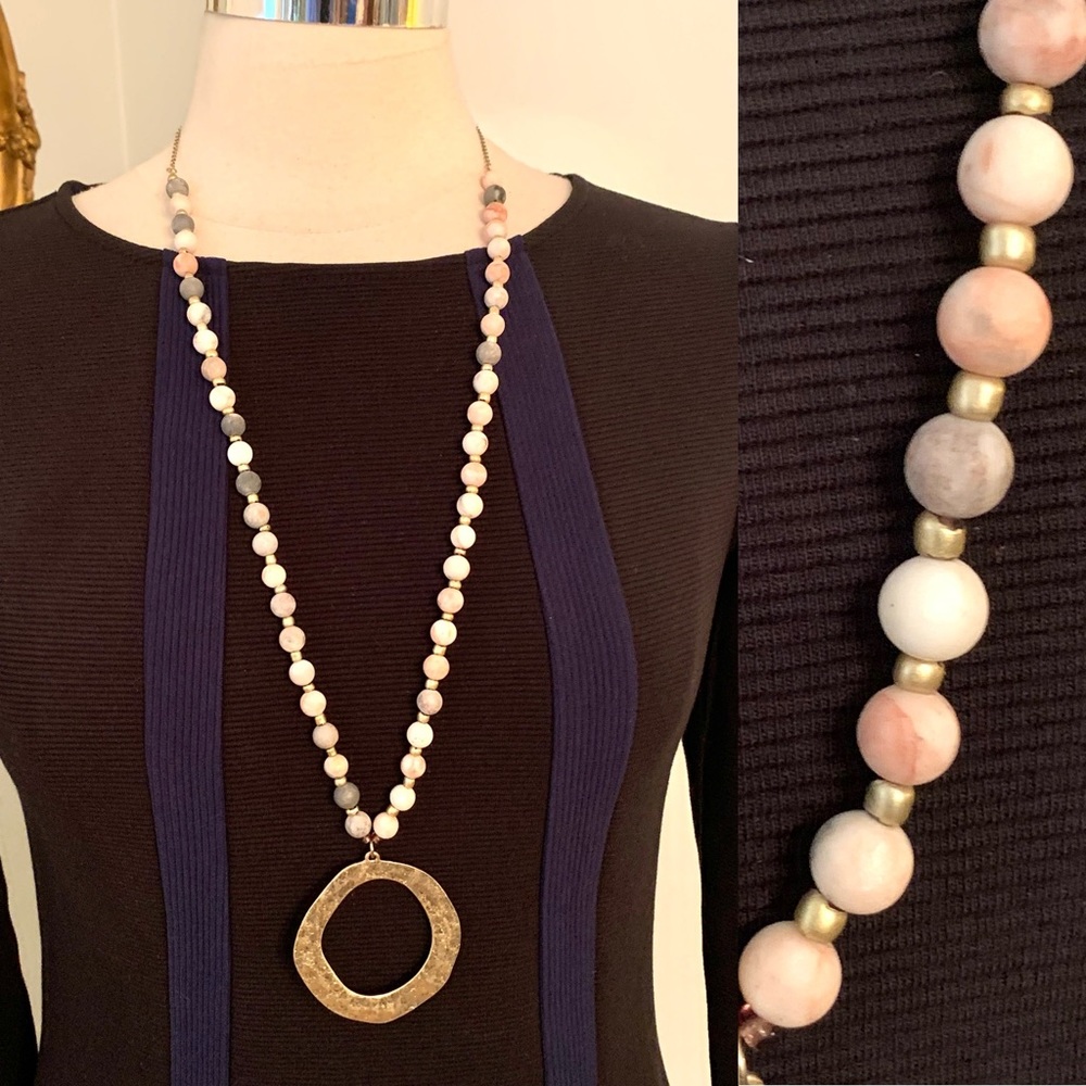 Lagenlook long Necklace Hammered Gold Pendant Modernist Semiprecious Stones